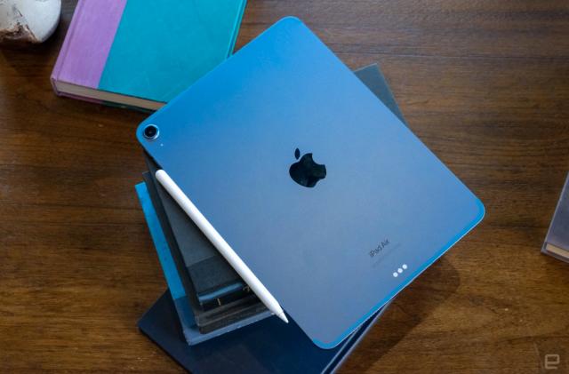 A blue iPad Air on a desk. 