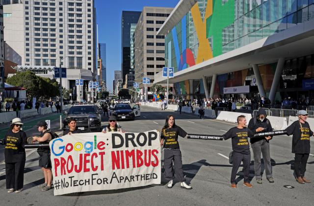 Local activists and tech workers protest against Google and Amazon's Project Nimbus contract with the Israeli military and government, outside the Google Cloud Next Conference in San Francisco, California, U.S. August 29, 2023. 