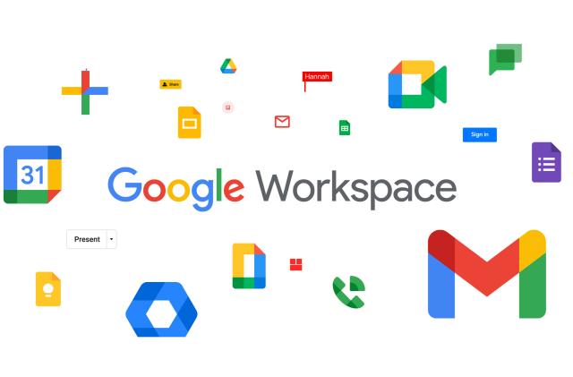The Google Workspace word logo surrounded by a cloud of Google app icons.