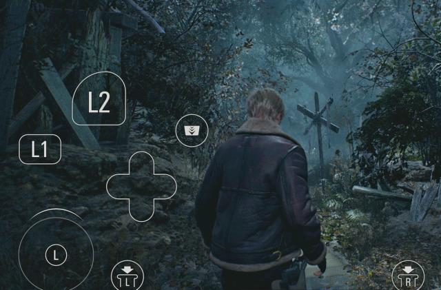 Resident Evil 4 running on an iPhone with a controller overlay for touch controls.  