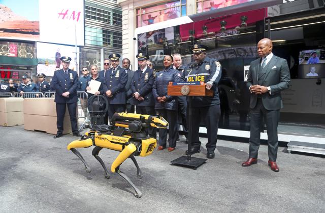 NEW YORK, NY - April 11: New York City Mayor Eric Adams joins New York City Police Commissioner Keechant Sewell, New York City Police Chief of Department, Jeffery Maddrey, along with New York City Police Department First Deputy Edward Caban and other NYPD Executives in formerly rolling out the StarChase GPS attachment system, the K5 Autonomous Security Robot and Spot, the DigiDog Robot as tools in the fight against crime on April 11, 2023 in Times Square section of New York City. 