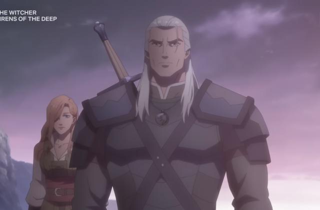A 2D drawing of a man with long white hair in armor with a sword on his back in the foreground and a woman with red hair in the background. 