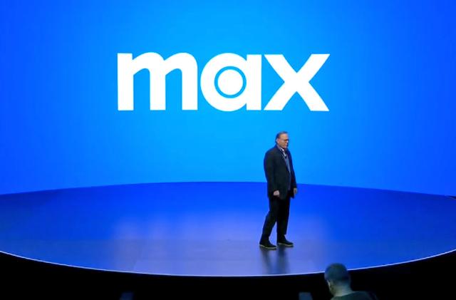 Screenshot of a Warner Bros. Discovery press conference showing CEO David Zaslav and a logo for new streaming service Max.