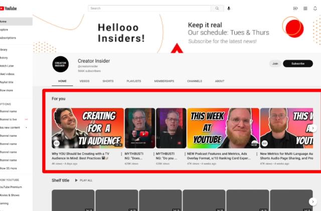 Screenshot of a new feature for YouTube that shows personalized "For You" recommendations on channel pages.