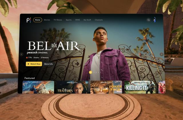 VR view of the Peacock app using a Meta Quest VR headset. The screen shows “Bel Air” with other featured series below it. The screen is surrounded by a standard VR home view.