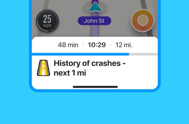 A computer render of a navigation app interface showing the road's "history of crashes"