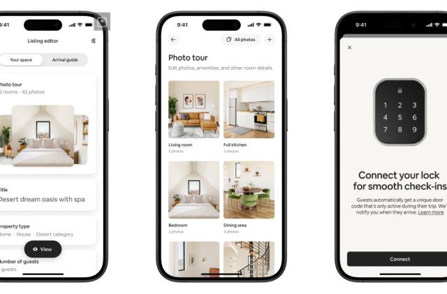 Airbnb screenshots showing smart lock integration and a new photo tour feature.