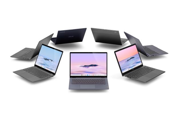 A group shot of the new Chromebook Plus laptops.